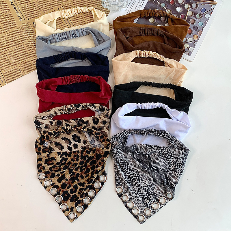 Vintage Fashion Rings - Y2Kヴィンテージ レオパード柄 三角形ヘッドスカーフ ヘアバンド パンク メタルリング
