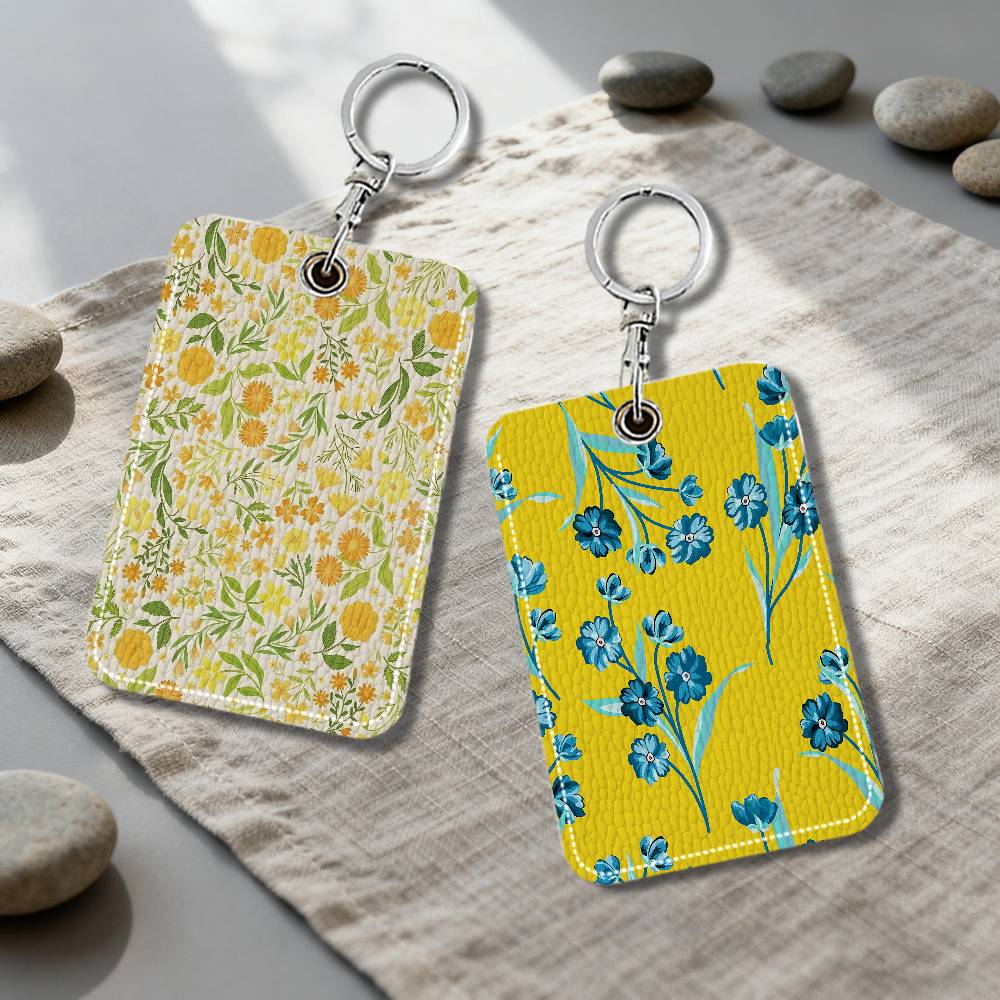 Vintage Fashion Community - ファッションヴィンテージアートフォークスフラワーイエローキーリングレザーアクセスカードホルダーキーホルダーコミュニティ近接カード保護ケース