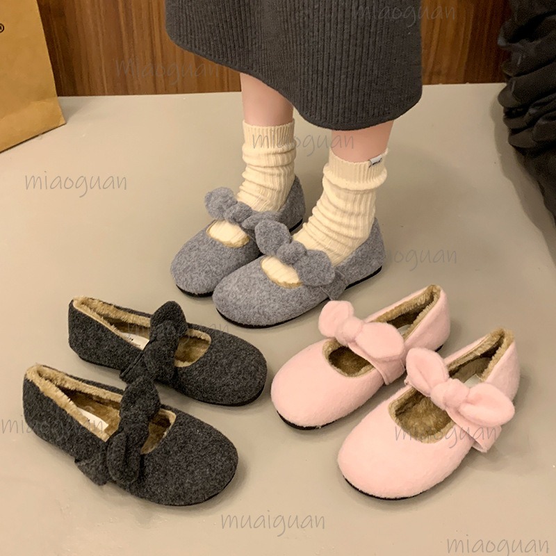 Vintage Fashion Heels - ヴィンテージプラッシュフラットシューズ、ボウノットパンプス、レディース秋冬新作、ソフトソールコットンシューズ、スリッポン、快適なふわふわメリージェーンシューズ
