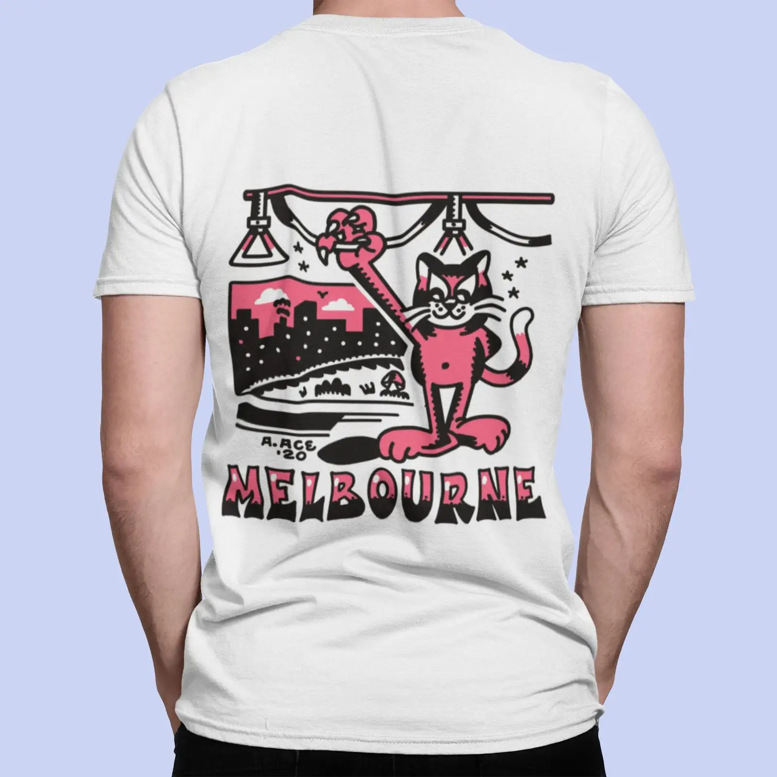 Vintage Fashion Melbourne - メルボルントラム Tシャツ サイケデリックキャット メルボルンお土産 ピンクTシャツ ヴィンテージ