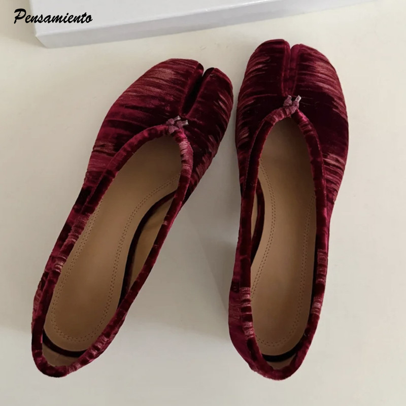 Vintage Fashion Heels - ファッションプリーツデザイナーフランネルスプリットトゥ女性用バレエパンプスヴィンテージローヒールタビローファーカジュアルソフトソールウォーキングシューズ
