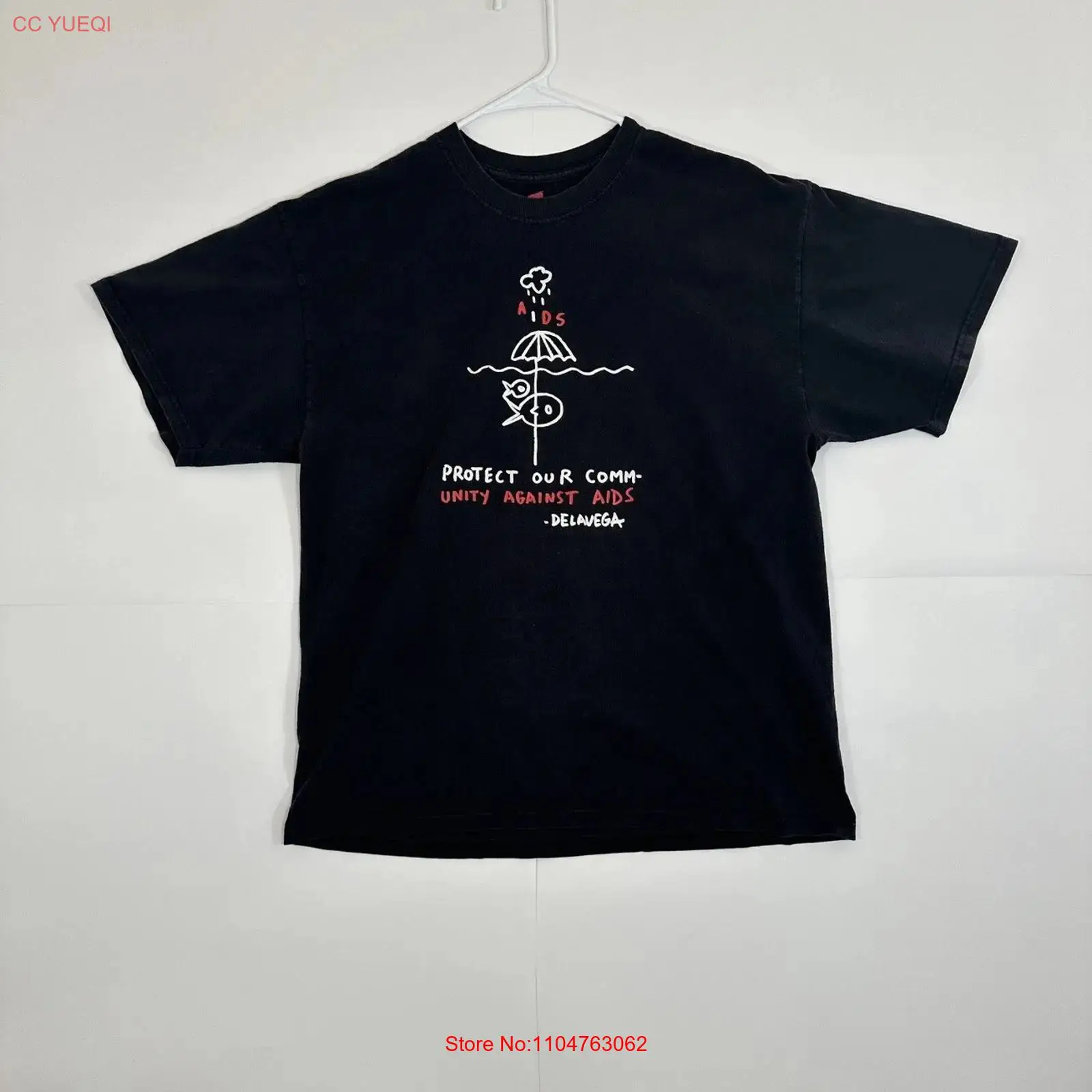 Vintage Fashion Community - エイズスティックドローイングプロテクトコミュニティDELAVEGA Tシャツ大人黒人男性ラージヴィンテージウォッシュドファッションストリートウェアグラフィックオム