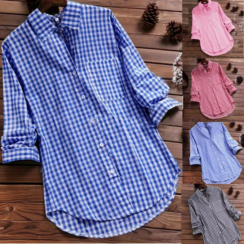 Vintage Fashion Ebay - ゆったりとしたチェック柄シャツ、襟付き、長袖、レディース、ヴィンテージ、ポケット付き、クロスボーダー、eBay、春ファッション、ベーシックスタイル、ポリエステル生地