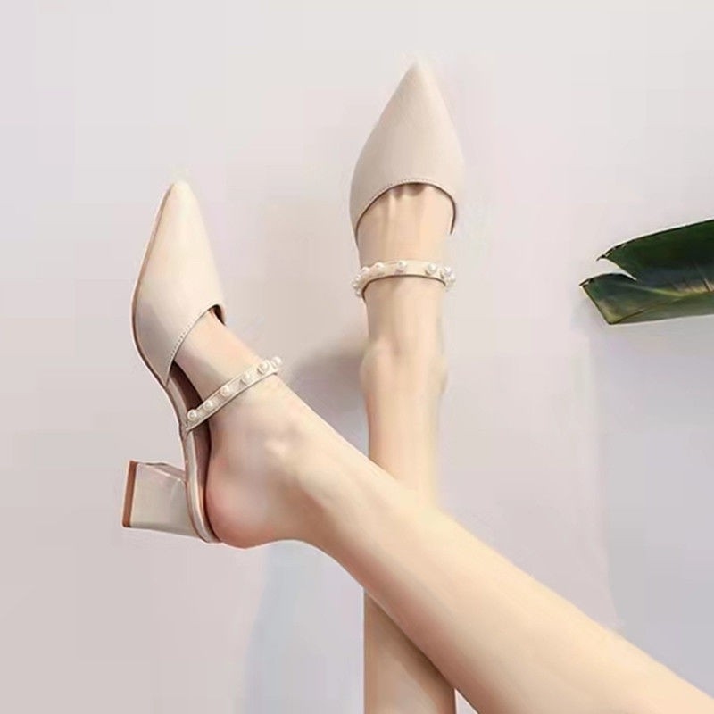 Vintage Fashion Heels - レディースヴィンテージポインテッドトゥミュールチャンキーブロックヒールスリッポンサンダルエレガントオフィス通勤靴