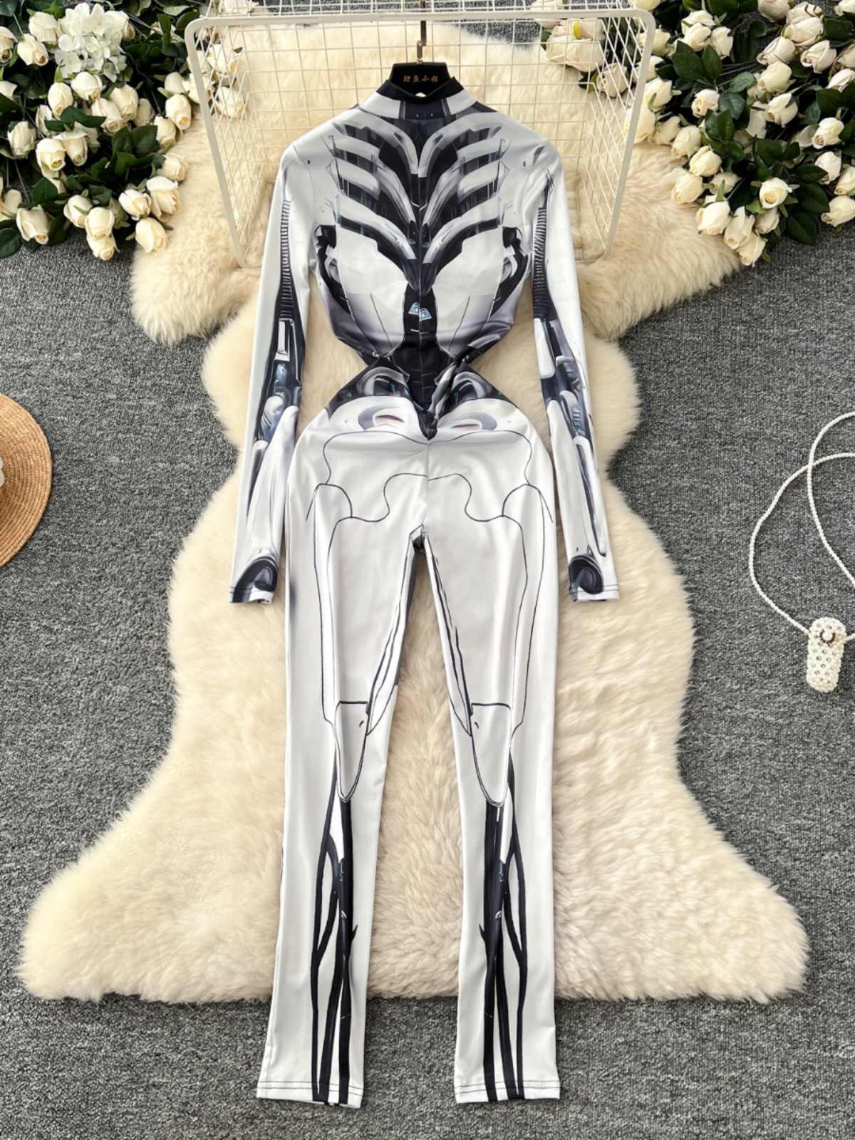 Vintage Fashion Club - 女性のグレープリントジャンプスーツヴィンテージ長袖スキニーロンパースパンツ原宿セクシーなロンパース 2000 年代エモコケットファッション服