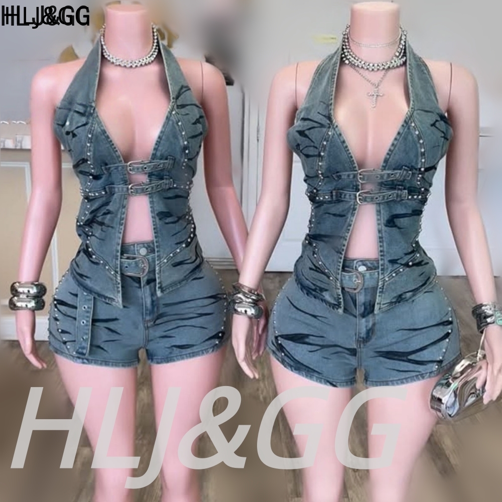 Vintage Fashion Club - HLJ&GG ブルーヴィンテージデニム中空アウトツーピースセット女性用ホルターVネックスリムクロップトップ+ショートパンツファッションカウボーイストリートウェア