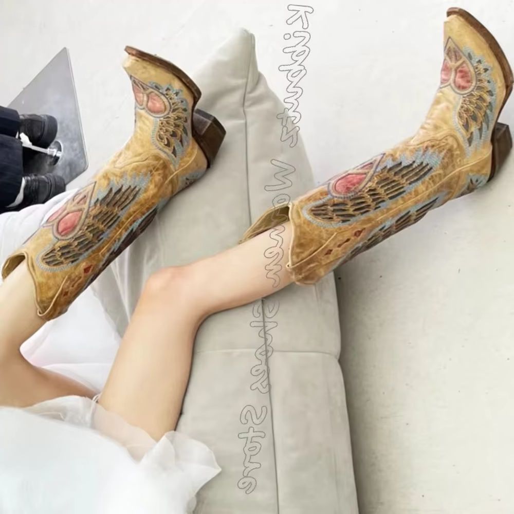 刺繍入りカウボーイウエスタンブーツニーハイヴィンテージライダ - Vintage Fashion Heels のレビューと価格