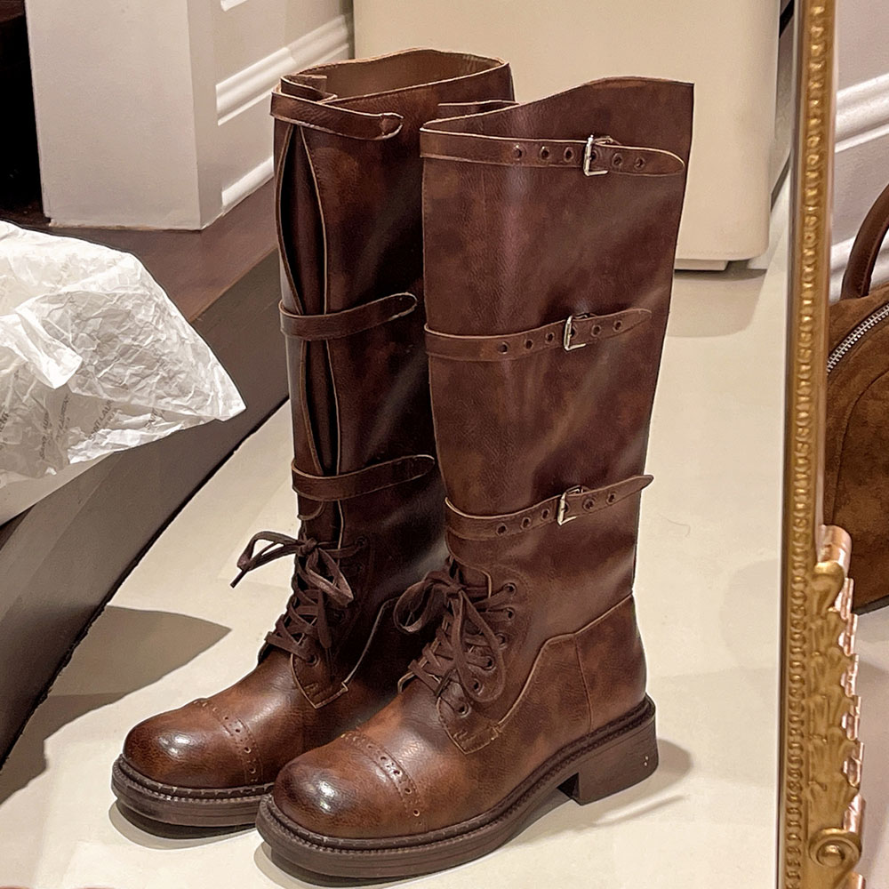 女性のニーハイブーツヴィンテージベルトバックルデザイン女性の - Vintage Fashion Heels のレビューと価格
