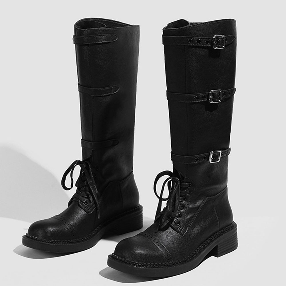 女性のニーハイブーツヴィンテージベルトバックルデザイン女性の - Vintage Fashion Heels のレビューと価格