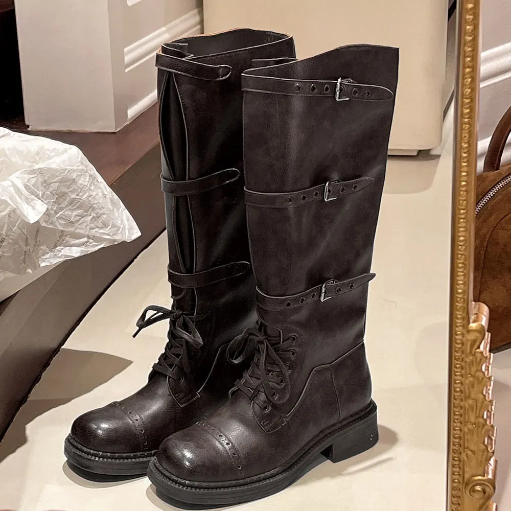 女性のニーハイブーツヴィンテージベルトバックルデザイン女性の - Vintage Fashion Heels のレビューと価格