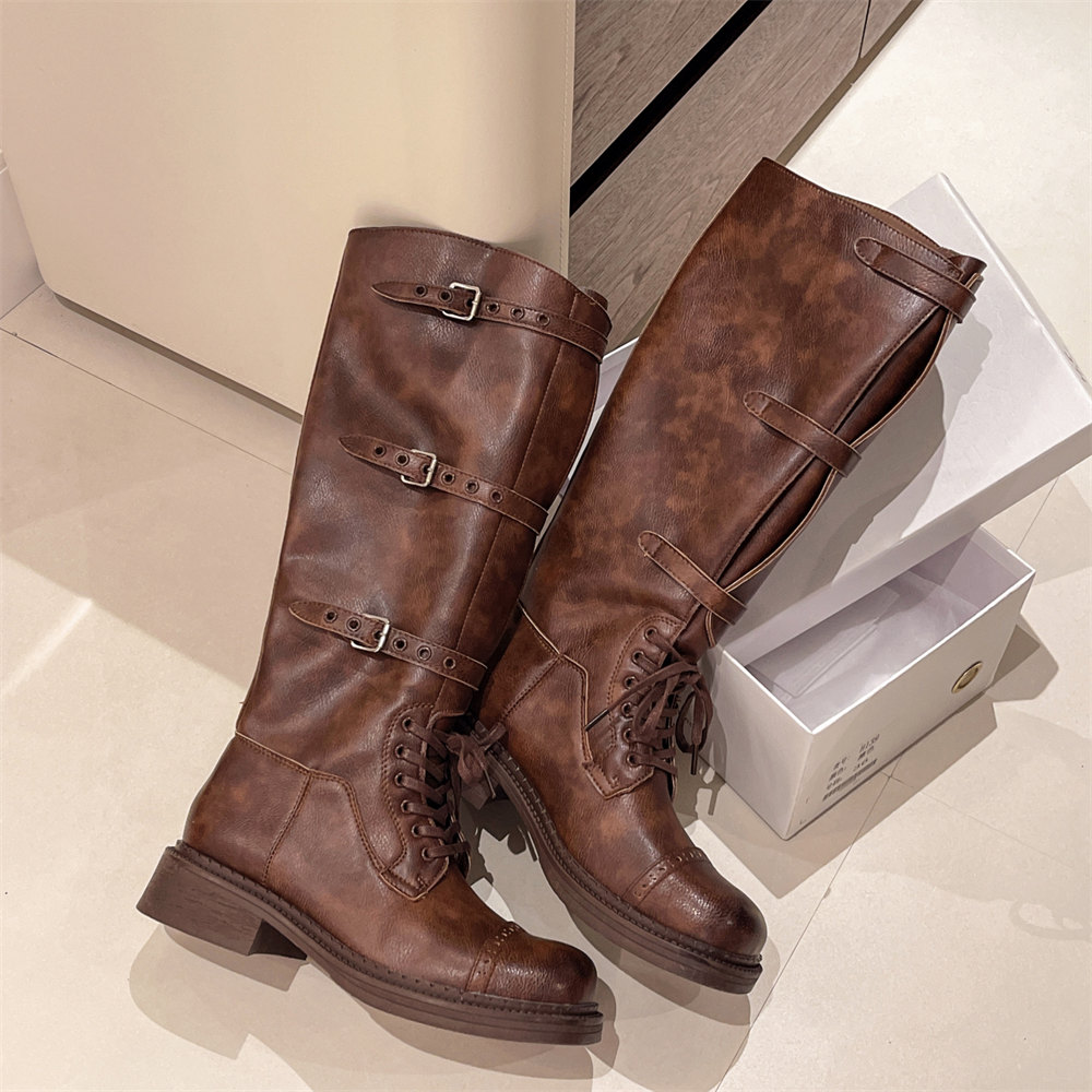 女性のニーハイブーツヴィンテージベルトバックルデザイン女性の - Vintage Fashion Heels のレビューと価格