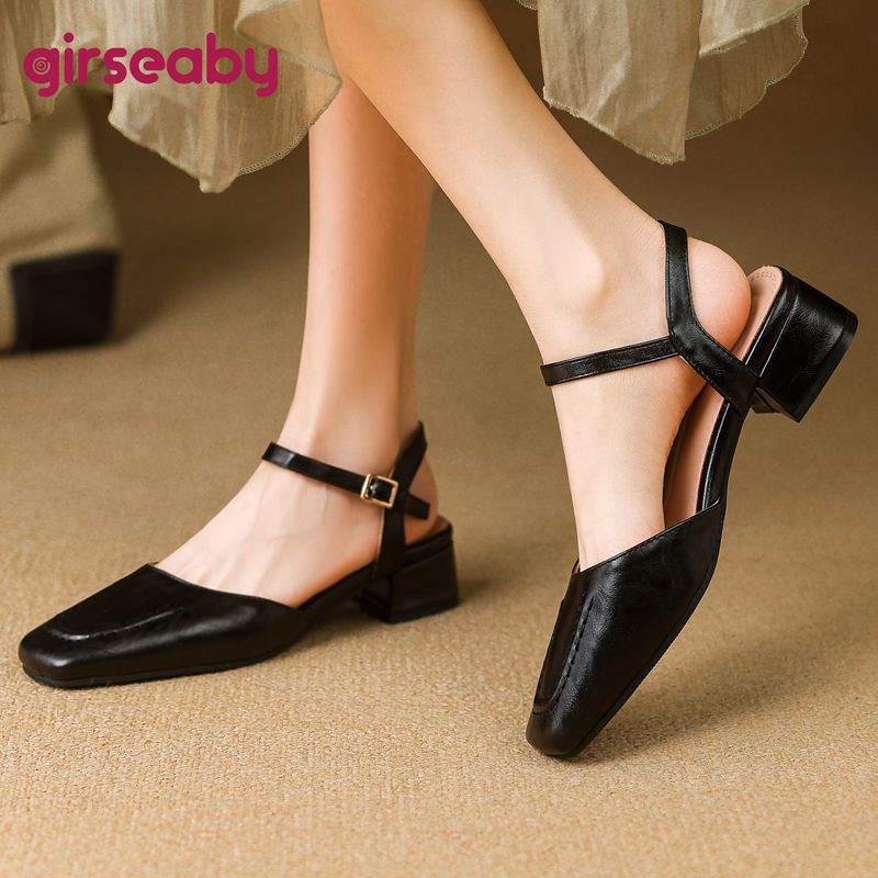 Girseaby 2025 女性のサンダルスクエアトゥ太いヒ - Vintage Fashion Heels のレビューと価格