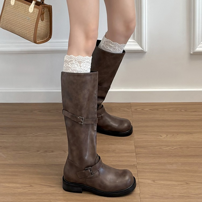 ヴィンテージベルトバックル付きレディースニーハイブーツ、エレ - Vintage Fashion Heels のレビューと価格