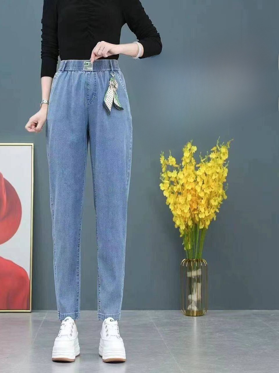 ハイウエストストレートレッグアイスシルクジーンズ女性の夏薄い - Mom Jean High Rise のレビューと価格