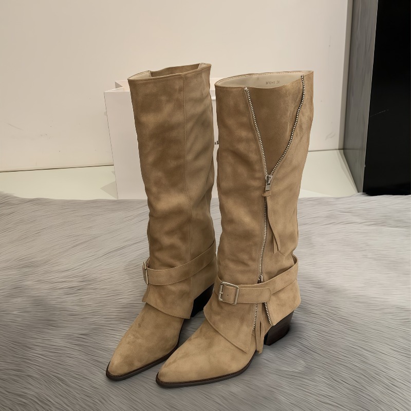 女性のブーツヴィンテージスエードレザーカジュアルロングチュー - Vintage Fashion Heels のレビューと価格
