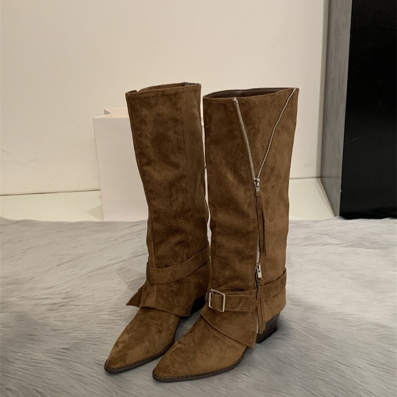 女性のブーツヴィンテージスエードレザーカジュアルロングチュー - Vintage Fashion Heels のレビューと価格