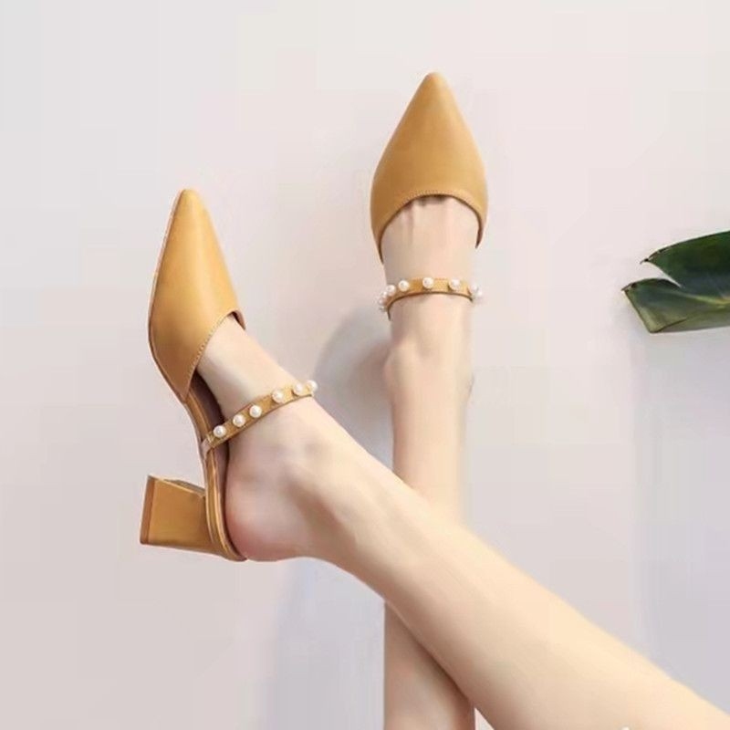 レディースヴィンテージポインテッドトゥミュールチャンキーブロ - Vintage Fashion Heels のレビューと価格