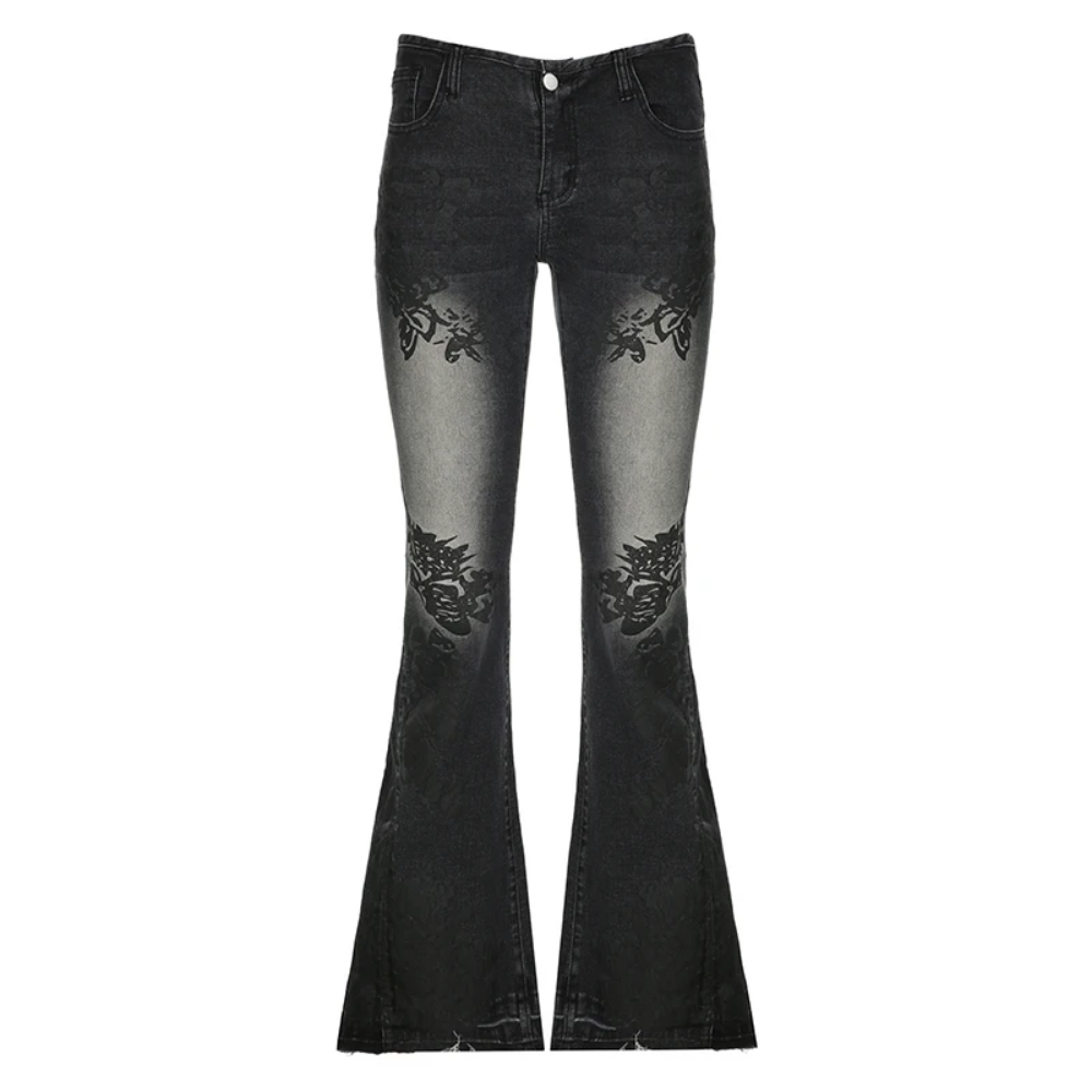 ストリートフレアジーンズ女性ユーズド加工花柄ローライズスリム - Mom Jean High Rise のレビューと価格