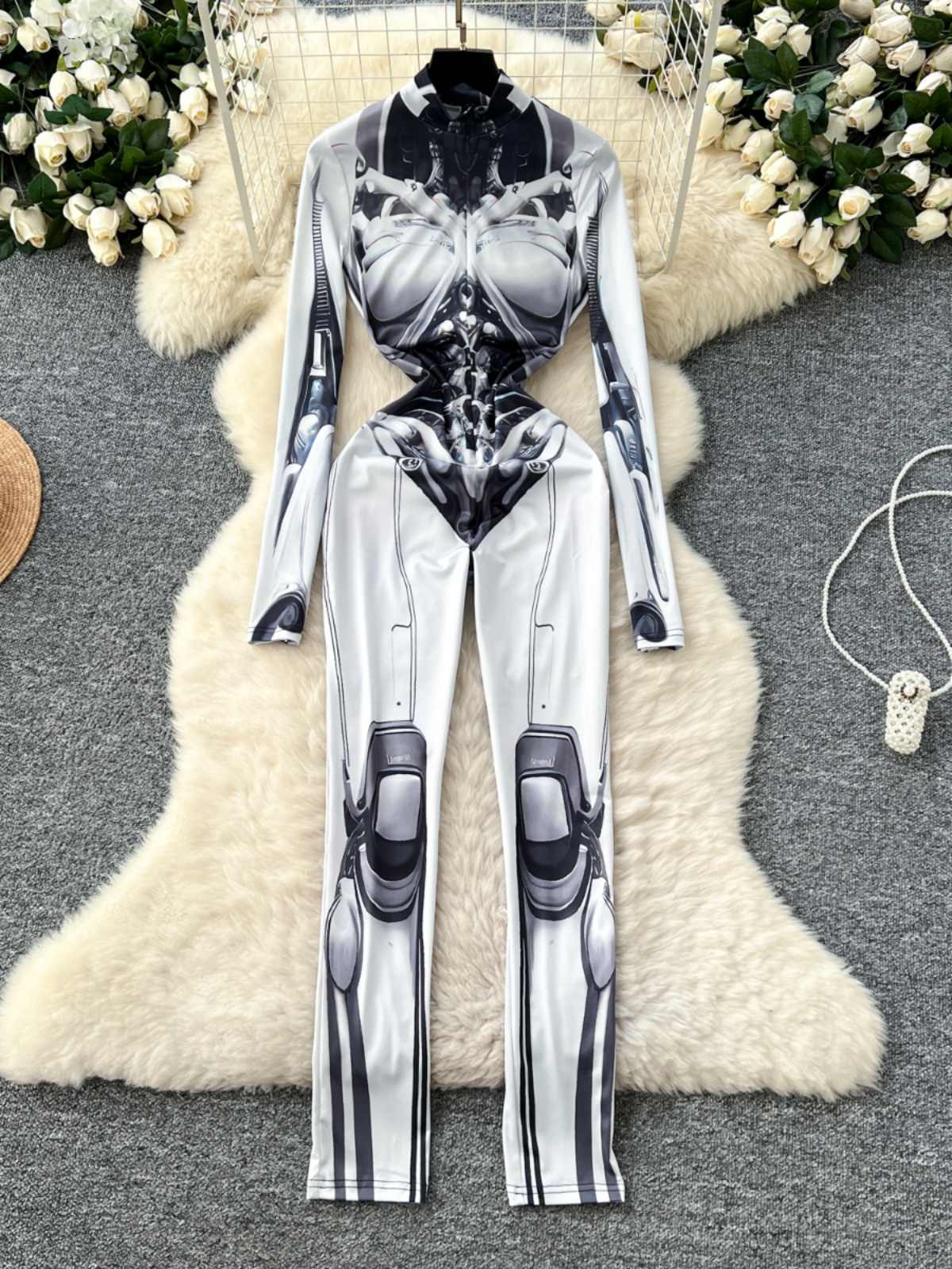 女性のグレープリントジャンプスーツヴィンテージ長袖スキニーロ - Vintage Fashion Club のレビューと価格